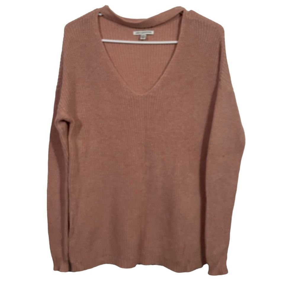 American Eagle Pink Choker Cut Out V-Neck Sweater